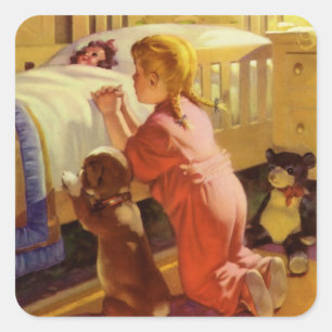 子犬と女の子の就寝前の祈り ビンテージの宗教 スクエアシール