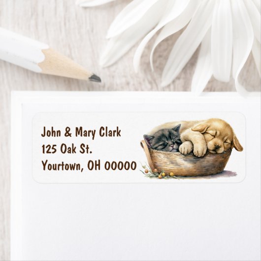 子犬と子猫が入った籠 ラベル (インサイチュ)