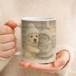 子犬と子猫のイラスト入りウィンターマグカップ コーヒーマグカップ