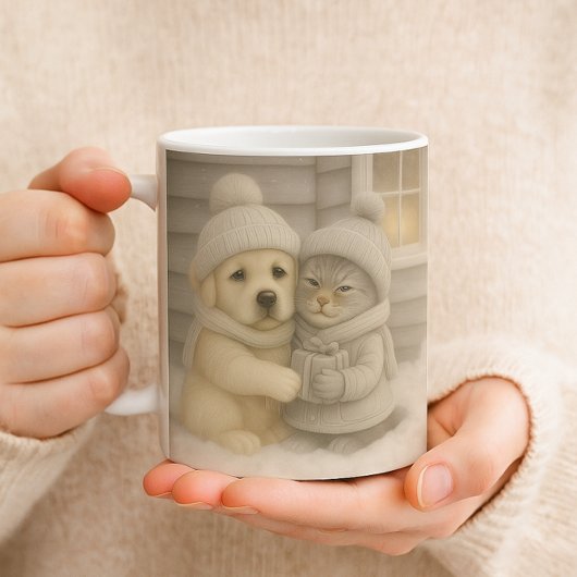 子犬と子猫のイラスト入りウィンターマグカップ コーヒーマグカップ