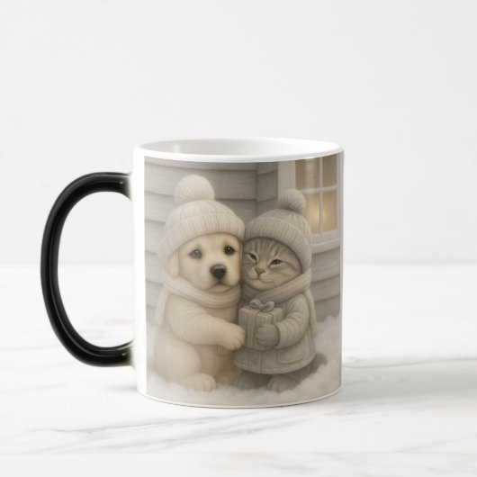 子犬と子猫のイラスト入りウィンターマグカップ モーフィングマグカップ (左)
