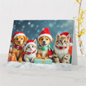子犬と子猫のクリスマス カード (黄色い花)