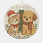 子犬と子猫のクリスマス・チアー ガラスオーナメント (正面)