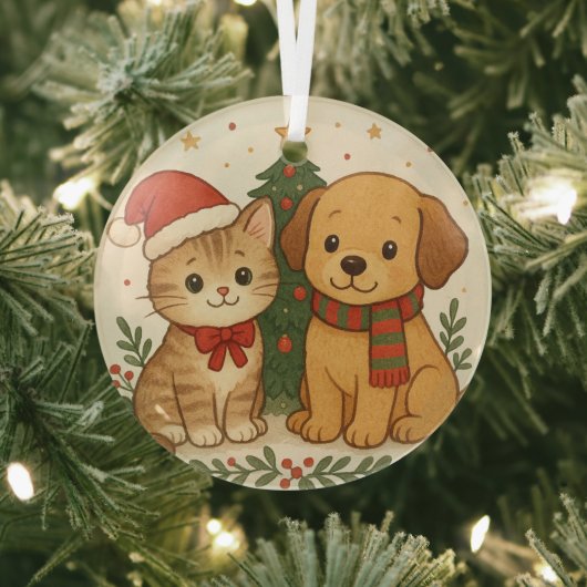 子犬と子猫のクリスマス・チアー ガラスオーナメント (インサイチュ)