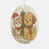子犬と子猫のクリスマス・チアー ガラスオーナメント (正面左)