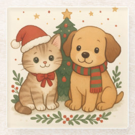 子犬と子猫のクリスマス・チアー ガラスコースター