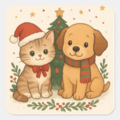 子犬と子猫のクリスマス・チアー スクエアシール (正面)