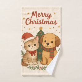 子犬と子猫のクリスマス・チアー ハンドタオル