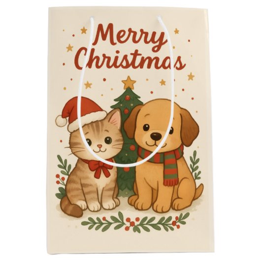 子犬と子猫のクリスマス・チアー ミディアムペーパーバッグ (正面)