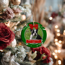 子犬と子猫のクリスマス、赤と緑のヒイラギと実 セラミックオーナメント