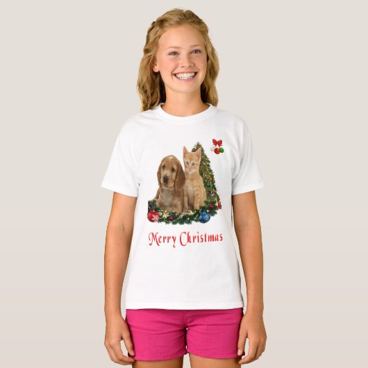 子犬と子猫のクリスマス Tシャツ (正面フル)