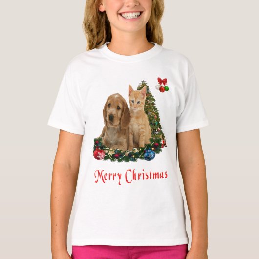 子犬と子猫のクリスマス Tシャツ (正面)