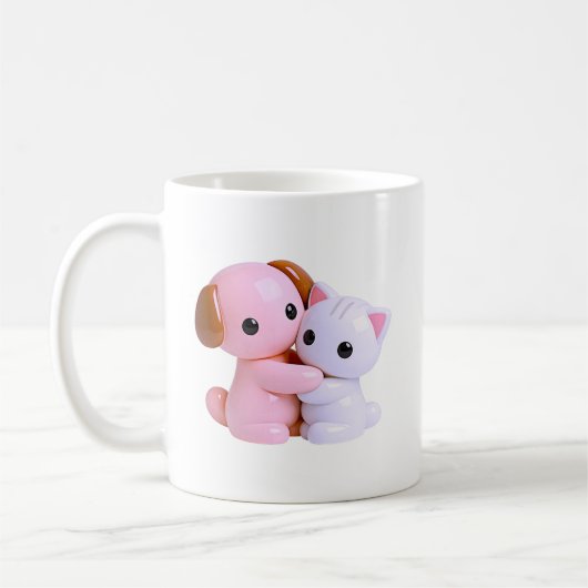 子犬と子猫のハグ かわいいカワイイ コーヒーマグカップ (左)