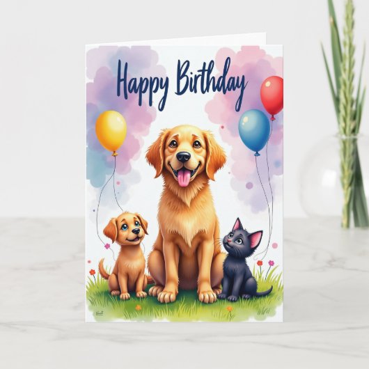子犬と子猫の誕生日カード カード (正面)