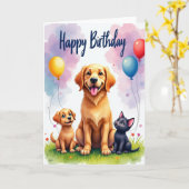 子犬と子猫の誕生日カード カード (黄色い花)