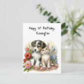 子犬と子猫の赤ちゃんの最初の誕生日おめでとう - カスタマイズ可能 ポストカード (スタンド正面)