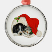 子犬と子猫プレミアムラウンドオーナメント メタルオーナメント (正面)