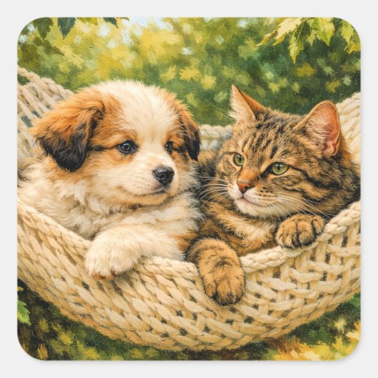 子犬と子猫、 スクエアシール (正面)