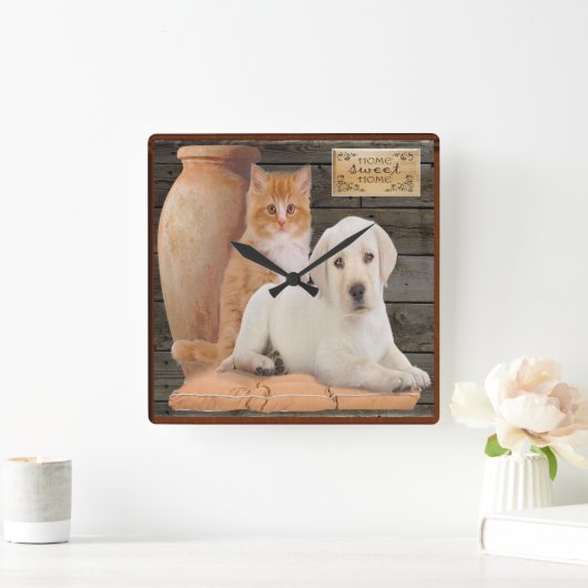 子犬と子猫 スクエア壁時計 (ホーム)
