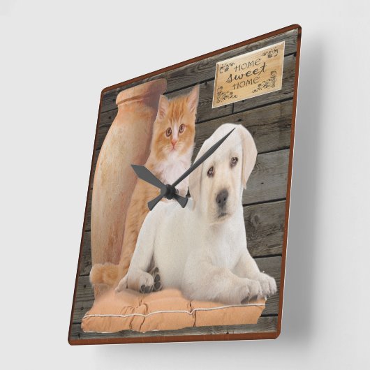 子犬と子猫 スクエア壁時計 (傾斜)