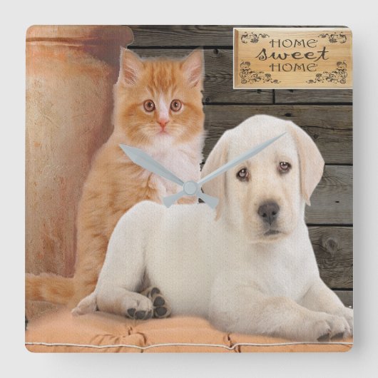   子犬と子猫 スクエア壁時計 (正面)