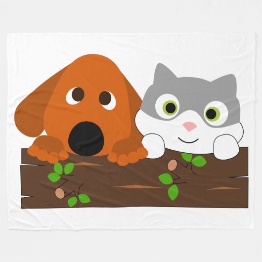 子犬と子猫 フリースブランケット (正面(横))