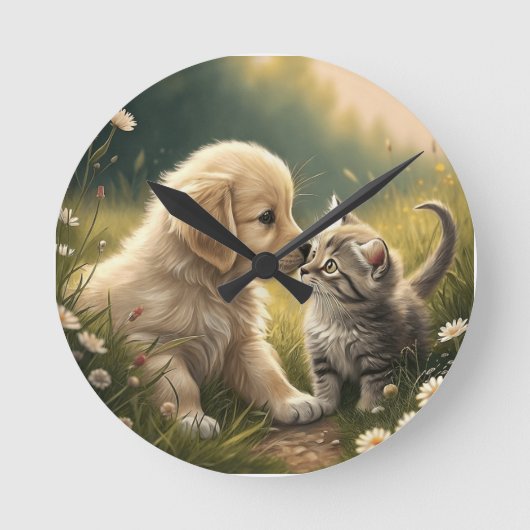 子犬と子猫 ラウンド壁時計 (正面)