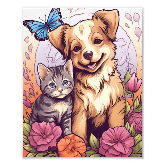 子犬と子猫、蝶と花のゲーム フォトプリント            (正面)