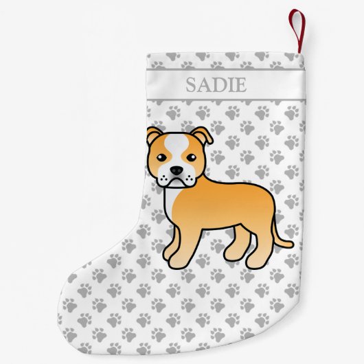 子犬と白いスタフィーかわいい漫画の犬と名前 スモールクリスマスストッキング (裏面)