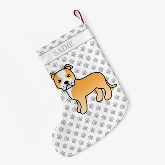 子犬と白いスタフィーかわいい漫画の犬と名前 スモールクリスマスストッキング (裏面 (吊り時))