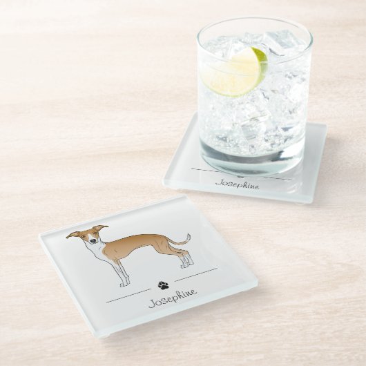 子犬と白のイタリアングレイハウンドとカスタム文字 ガラスコースター (アングル)