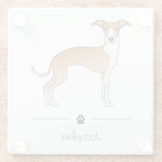 子犬と白のイタリアングレイハウンドとカスタム文字 ガラスコースター (裏面)