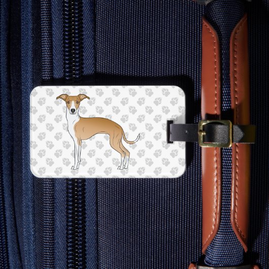 子犬と白のイタリアングレイハウンドとカスタム文字 ラゲッジタグ (正面インサイチュ4)