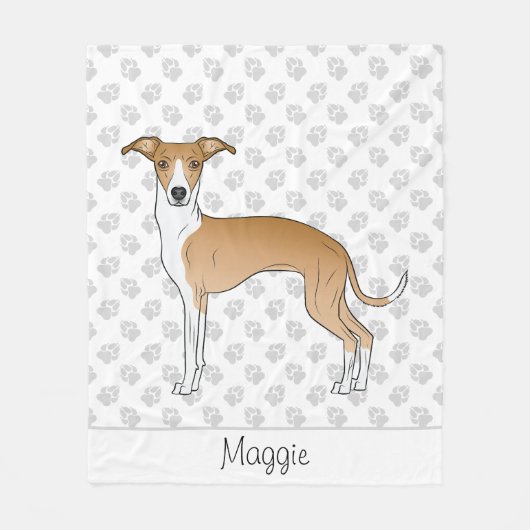 子犬と白のイタリアングレイハウンドと名前をカスタムする フリースブランケット (正面)