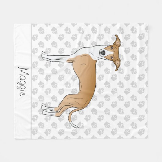 子犬と白のイタリアングレイハウンドと名前をカスタムする フリースブランケット (正面(横))
