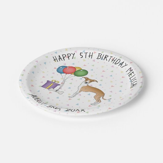 子犬と白グレイハウンドイタリアンかわいい犬の誕生日 ペーパープレート (アングル)