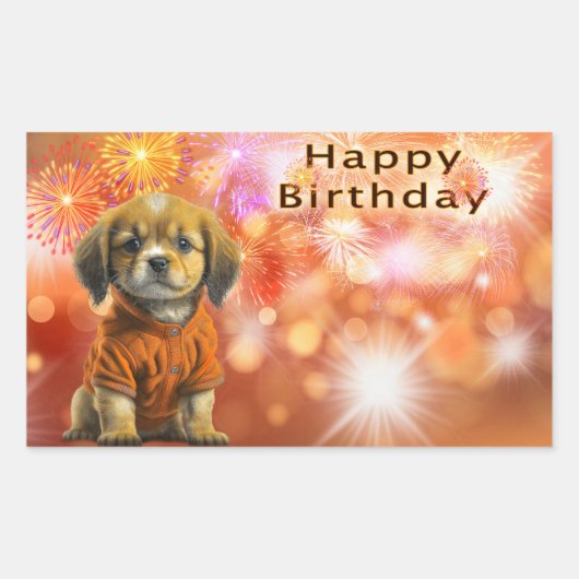 子犬と花火の誕生日おめでとう 長方形シール (正面)