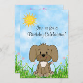 子犬と花誕生日招待状 招待状 (正面/裏面)