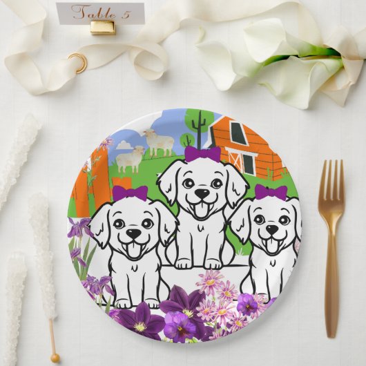 子犬と花 ペーパープレート (ウェディング)