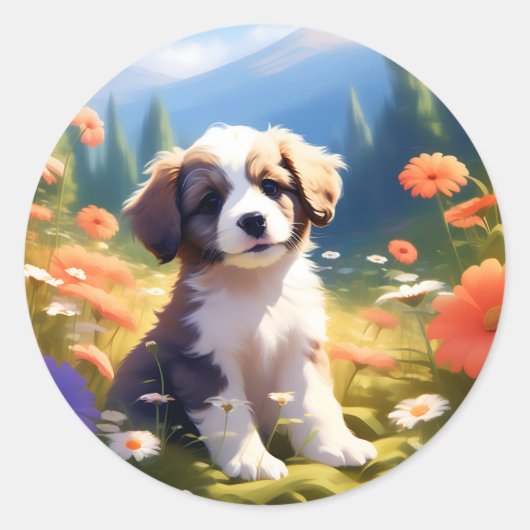 子犬と花 ラウンドシール (正面)