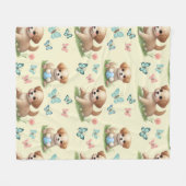 子犬と蝶の水彩パステル フリースブランケット (正面(横))