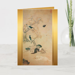 子犬と鳥の韓国の絵画 犬の年 誕生日カード カード