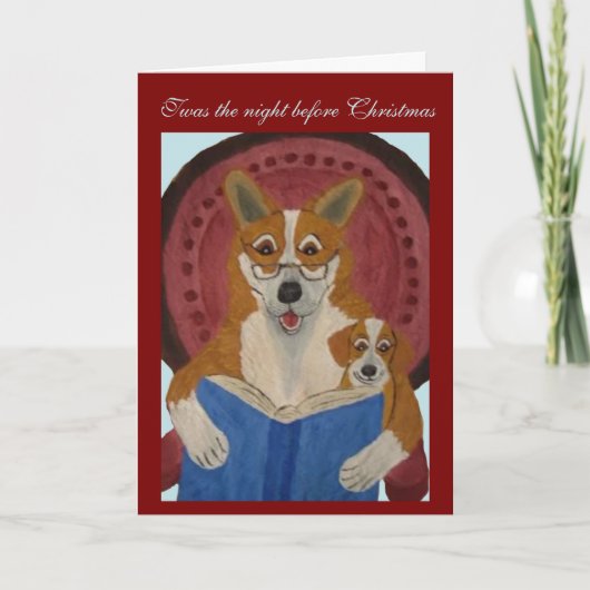 子犬にクリスマスの物語を読むコーギー カード (正面)