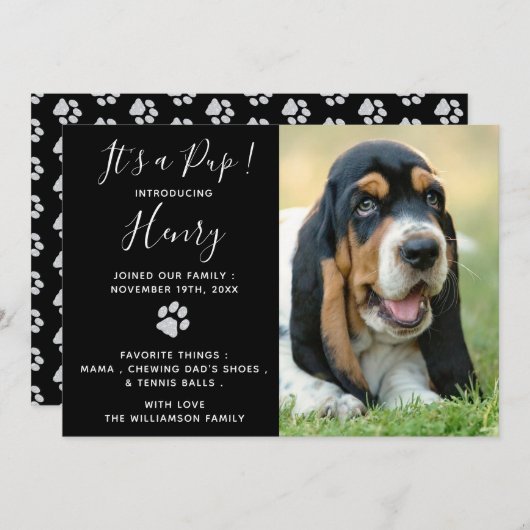 子犬のお知らせ – Black エレガント Newモダン Pet 招待状 (正面/裏面)