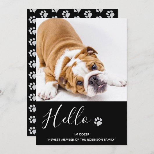 子犬のお知エレガントらせモダン- Black New Pet 招待状 (正面/裏面)