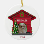 子犬のアップロード写真飾ドッグハウスクリスマス セラミックオーナメント (正面)