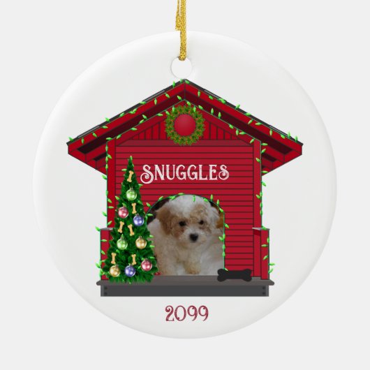 子犬のアップロード写真飾ドッグハウスクリスマス セラミックオーナメント (裏面)