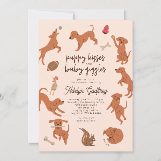 子犬のキスとベビーギグルベビーシャワー 招待状 (正面)