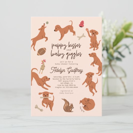 子犬のキスとベビーギグルベビーシャワー 招待状 (スタンド正面)