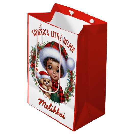 子犬のクリスマスと可愛いアフリカ系アメリカ人の少年 ミディアムペーパーバッグ (正面アングル)
